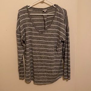 Grey and white striped long sleeve sweater